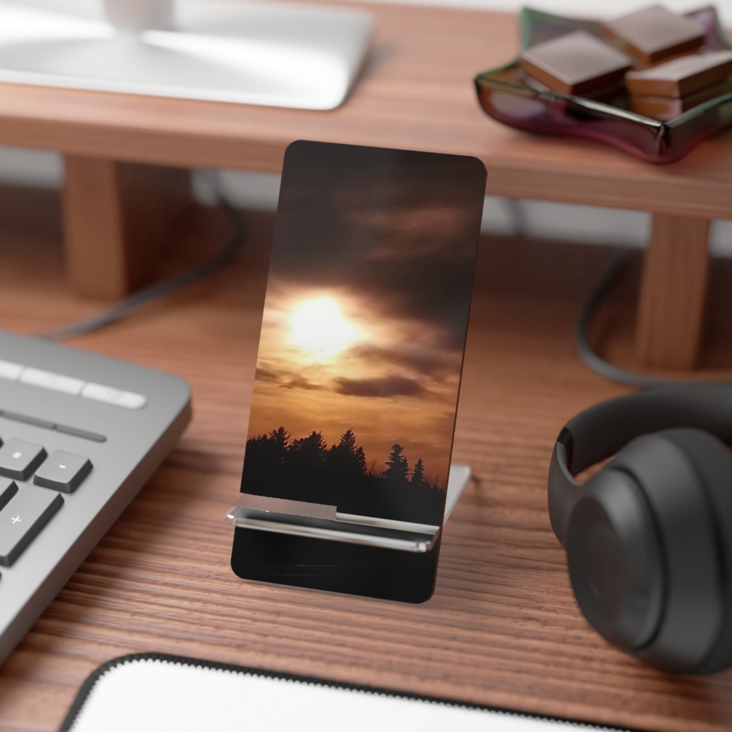 Nature-Inspired Mobile Display Stand with #originalphotograph of an intense sunset
