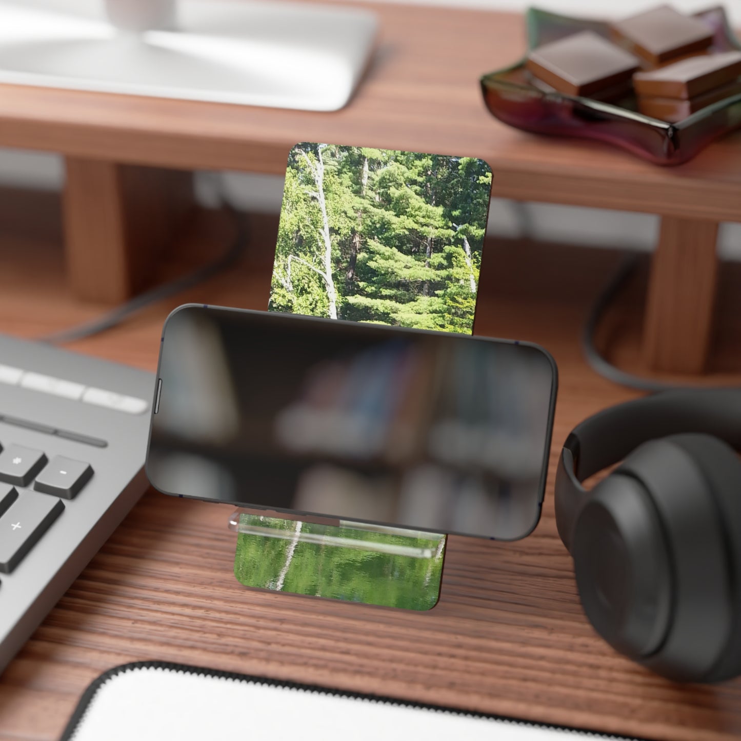 Nature-Inspired Mobile Display Stand with #originalphotograph of Serene Lake Reflection