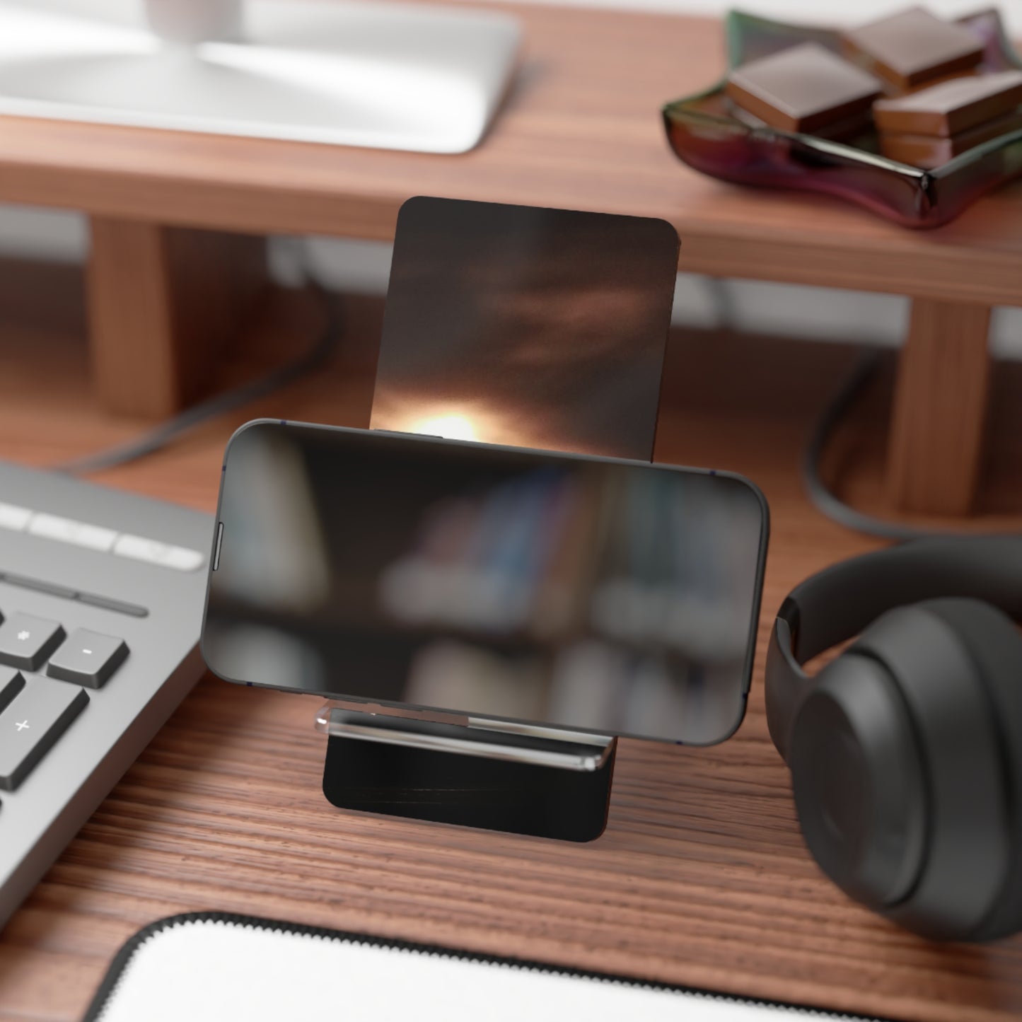 Nature-Inspired Mobile Display Stand with #originalphotograph of an intense sunset
