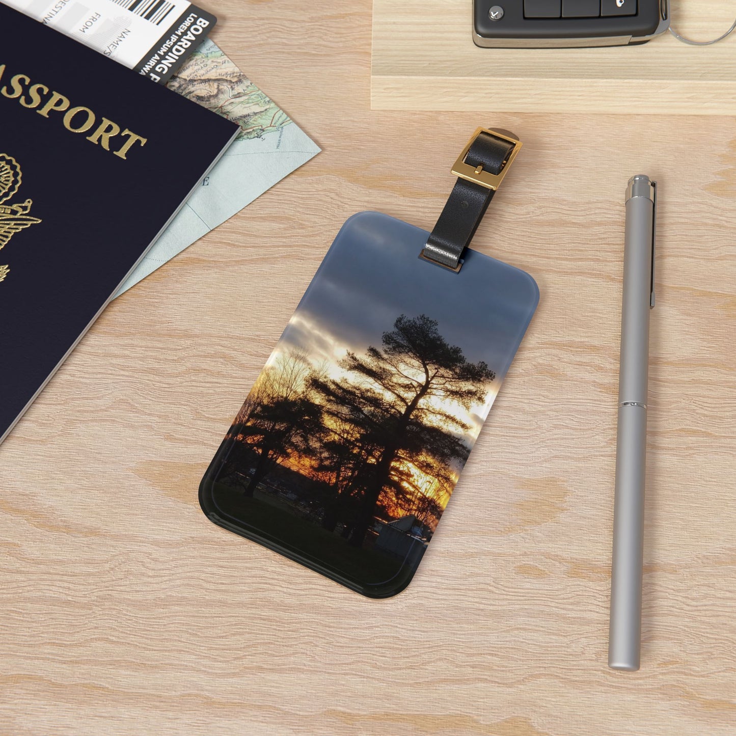 Nature-Inspired Luggage Tag with #originalphotograph of Sunset Pine Tree