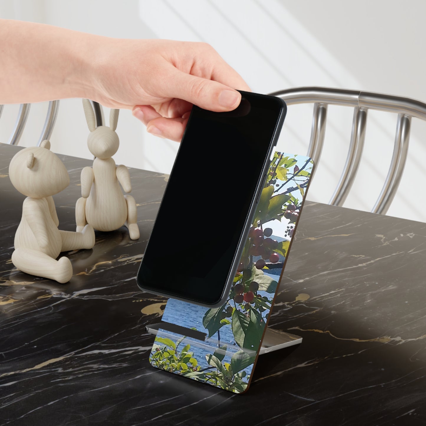 Nature-Inspired Mobile Display Stand with #originalphotograph of Vibrant Berry and Lake