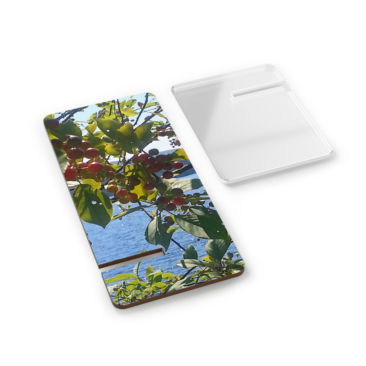 Nature-Inspired Mobile Display Stand with #originalphotograph of Vibrant Berry and Lake