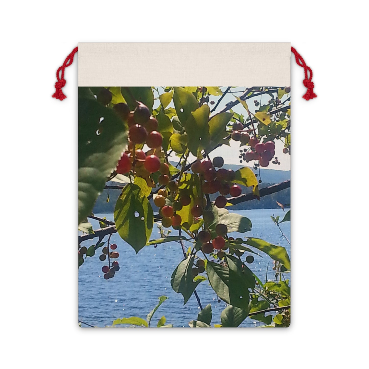 Nature-Inspired Gift Bag with Red Drawstrings - Perfect for Holidays & Special Occasions