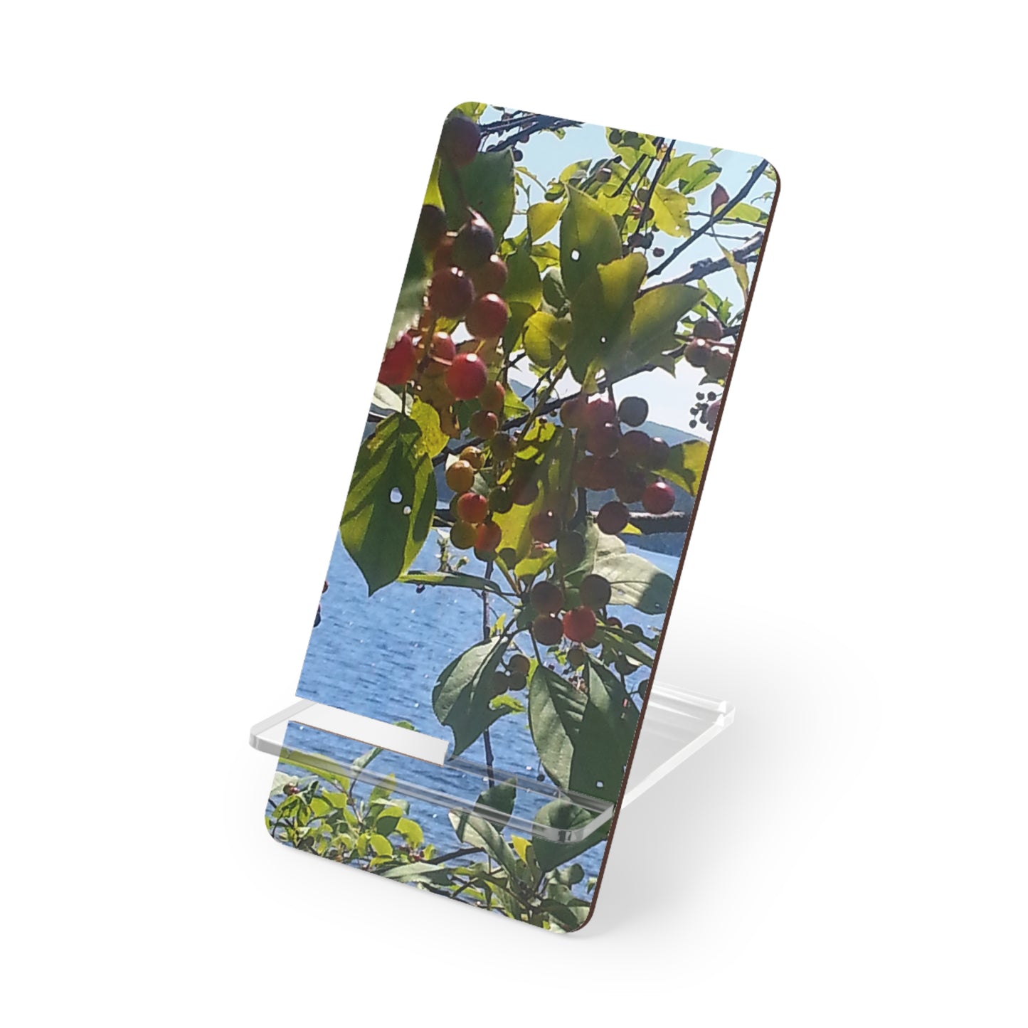 Nature-Inspired Mobile Display Stand with #originalphotograph of Vibrant Berry and Lake
