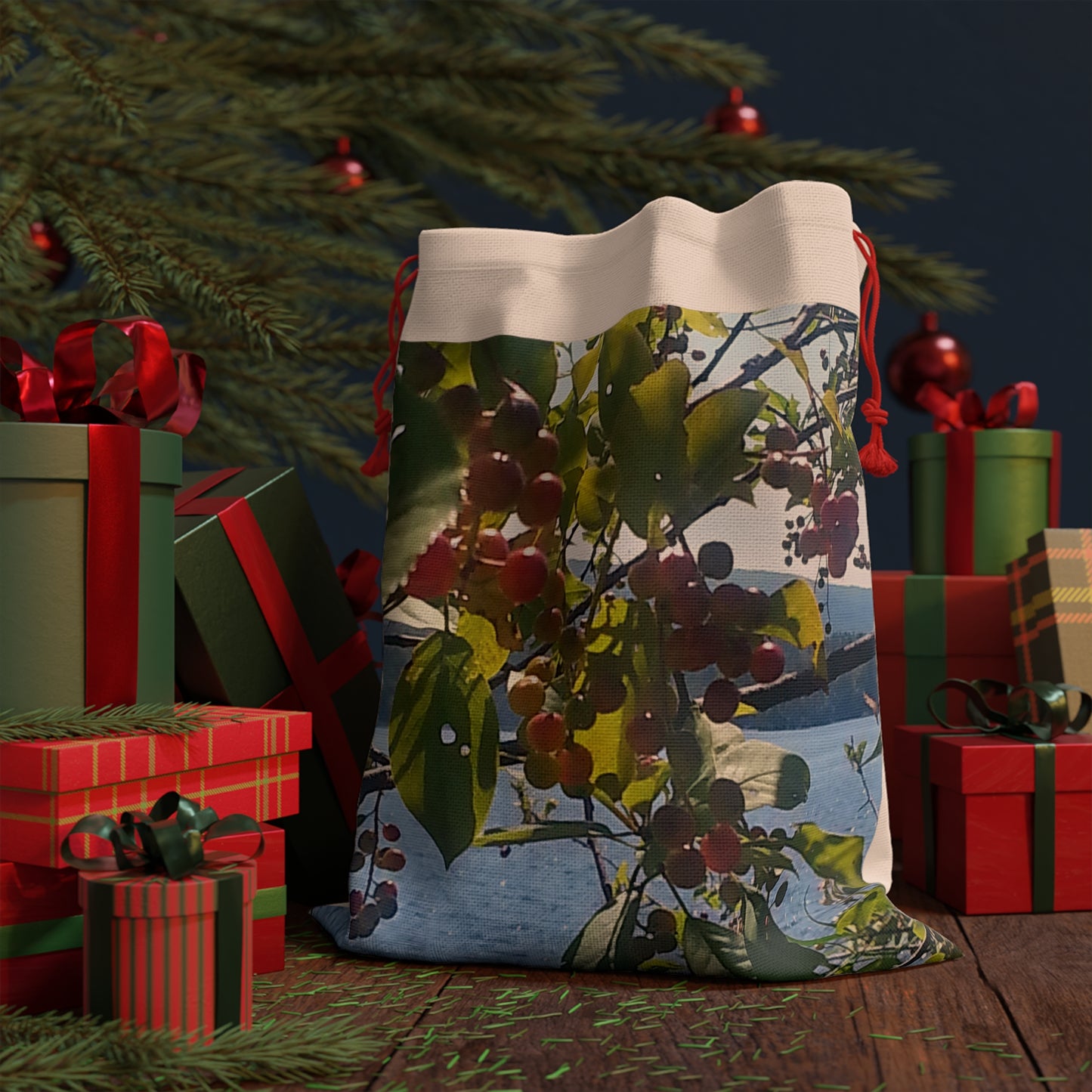 Nature-Inspired Gift Bag with Red Drawstrings - Perfect for Holidays & Special Occasions