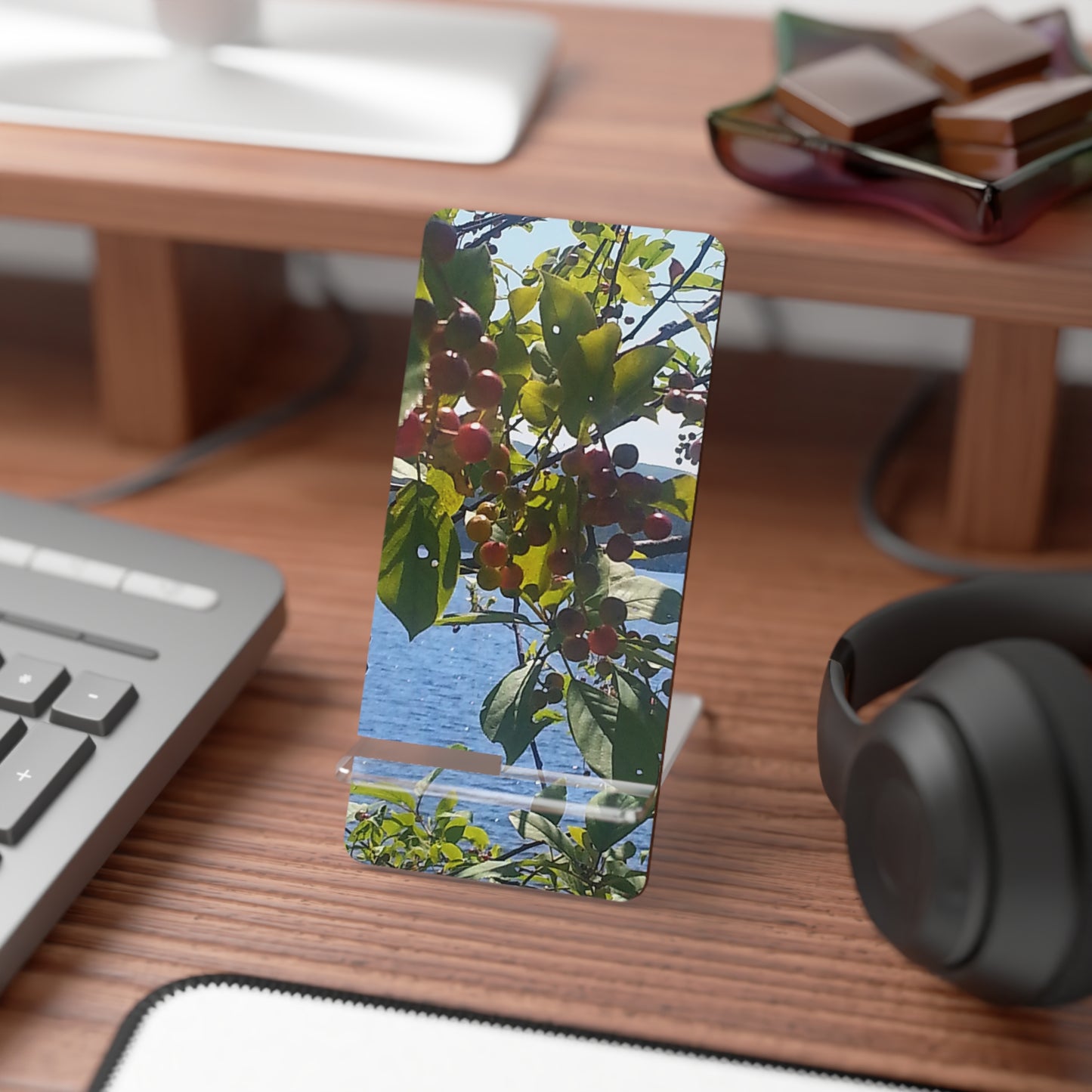 Nature-Inspired Mobile Display Stand with #originalphotograph of Vibrant Berry and Lake