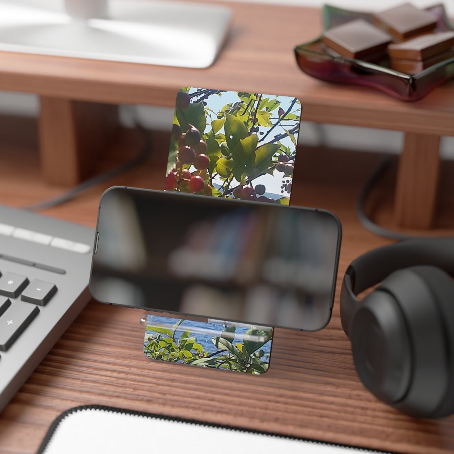 Nature-Inspired Mobile Display Stand with #originalphotograph of Vibrant Berry and Lake