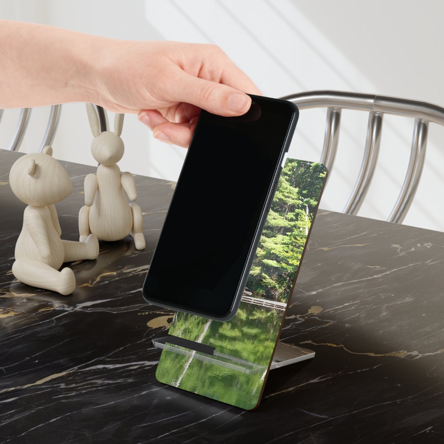 Nature-Inspired Mobile Display Stand with #originalphotograph of Serene Lake Reflection