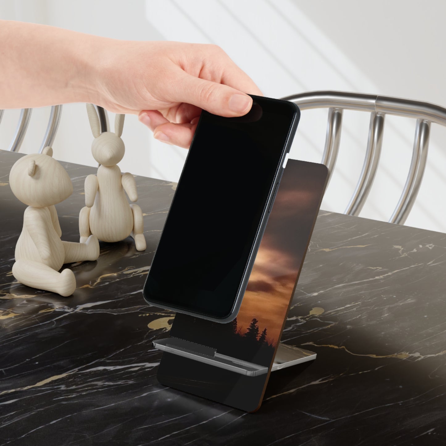 Nature-Inspired Mobile Display Stand with #originalphotograph of an intense sunset