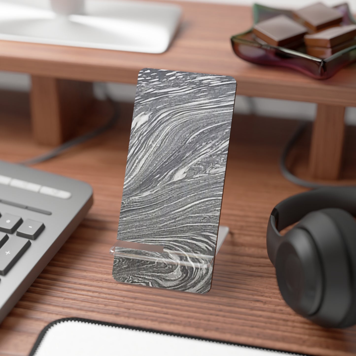 Nature-Inspired Mobile Display Stand with #originalphotograph of marble-like swirls on a lake