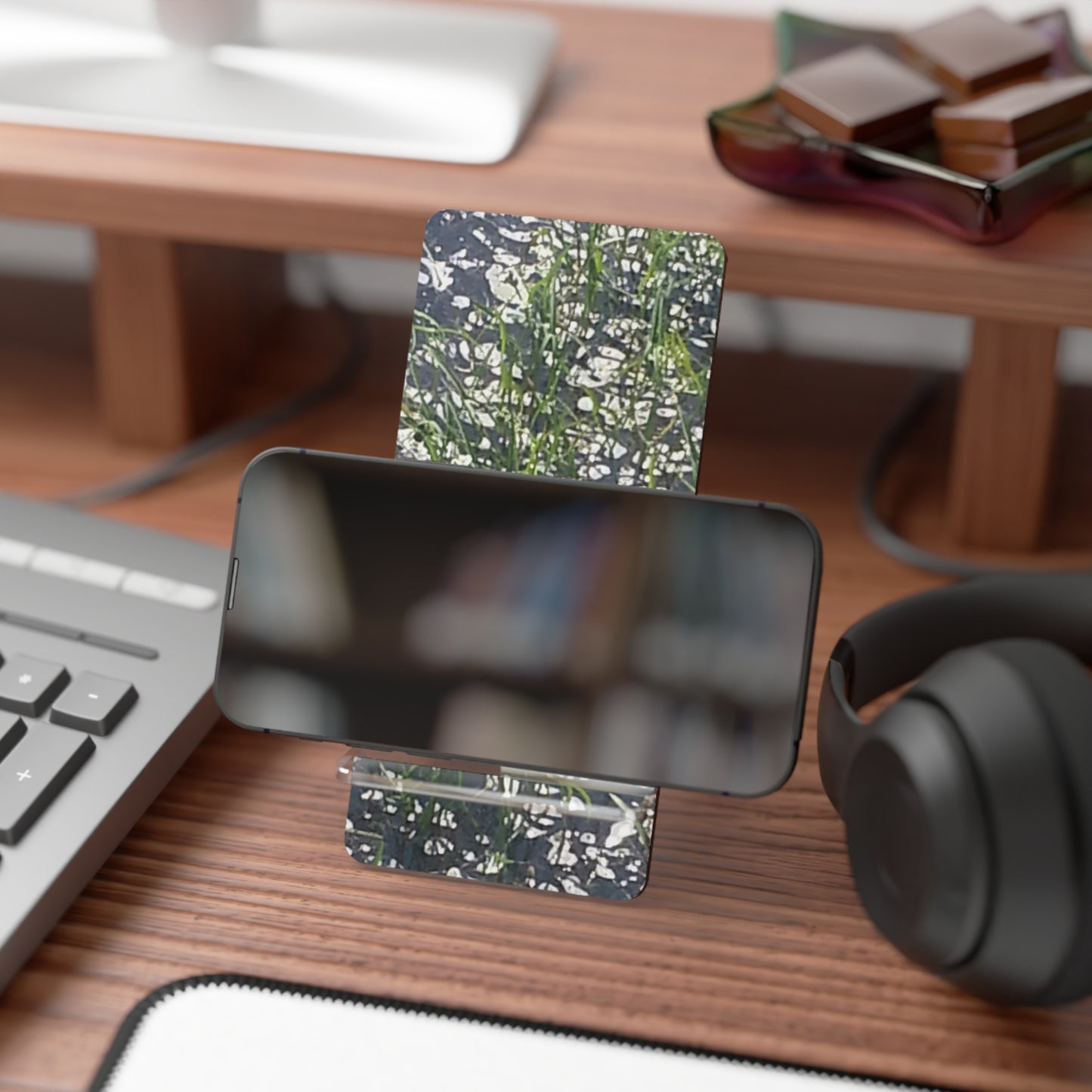 Nature-Inspired Mobile Display Stand with #originalphotograph of abstract image of leaves on water