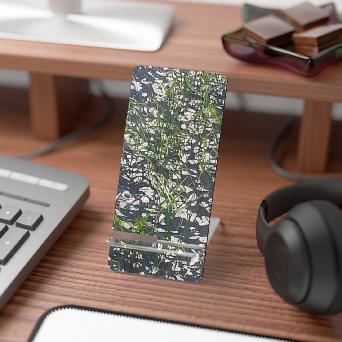 Nature-Inspired Mobile Display Stand with #originalphotograph of abstract image of leaves on water