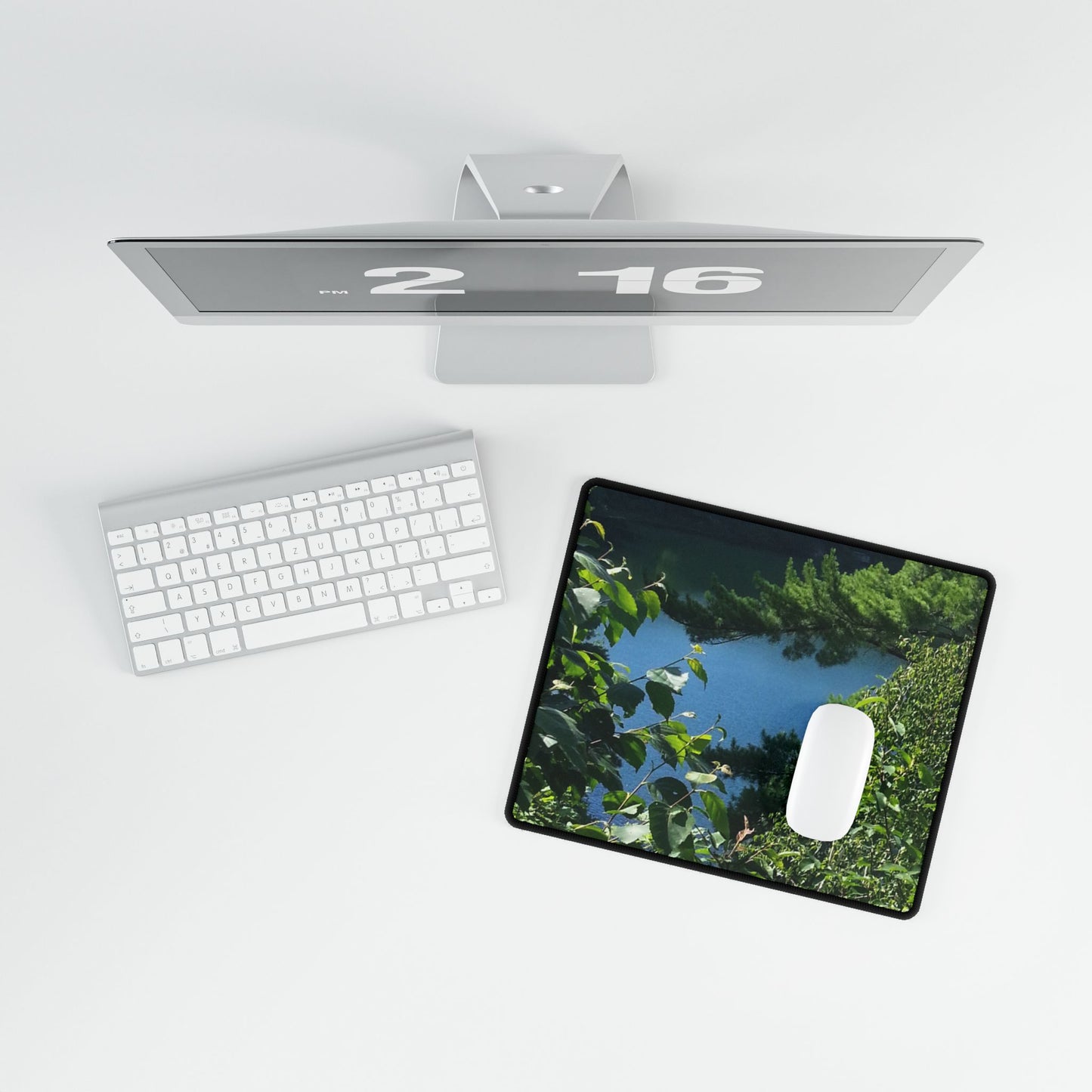 Computer Desk Mat -Nature-Inspired Lake View through Trees for Home Office