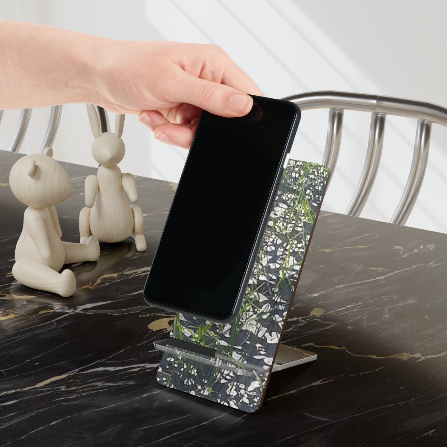 Nature-Inspired Mobile Display Stand with #originalphotograph of abstract image of leaves on water